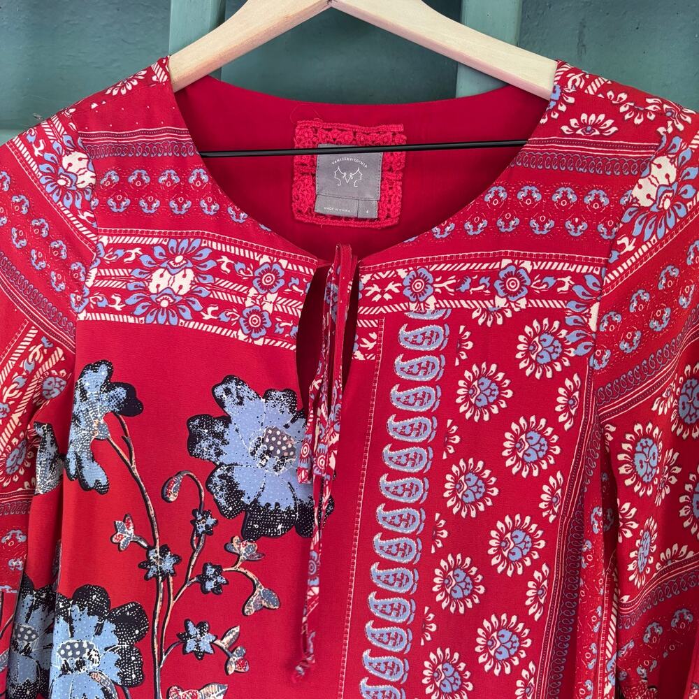 Vanessa Virginia Anthropologie Silk Mini Dress Red Floral Boho Bell Sleeve Sz4 - Picture 3 of 8